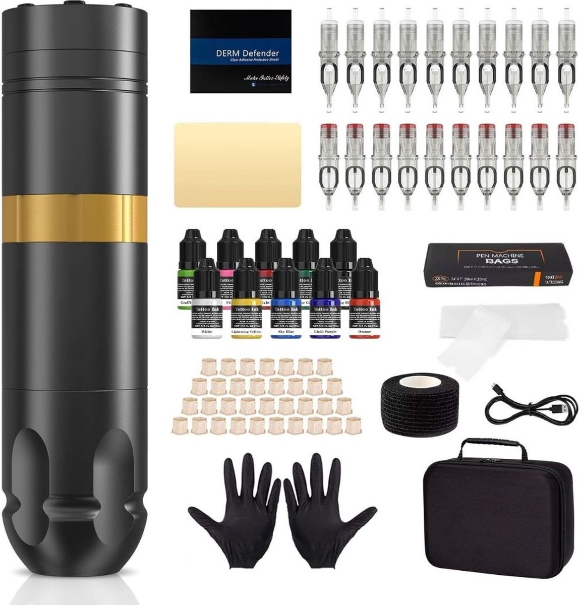 Premium Tattoo Machine met Accessoires - Tattoo Machines Draadloos - Tattoo Set Inclusief Inkt en Naalden - Tattoo Kit voor Professionals en Beginners