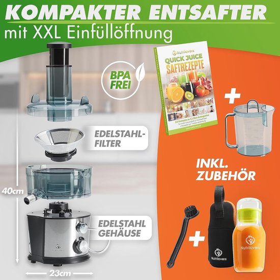 SOKANY Sapcentrifuge voor groenten en fruit, 800 W, met geoptimaliseerde sapcapaciteit, 65 mm grote vulopening, 2 snelheden, gemakkelijk te reinigen, zwart/roestvrij staal