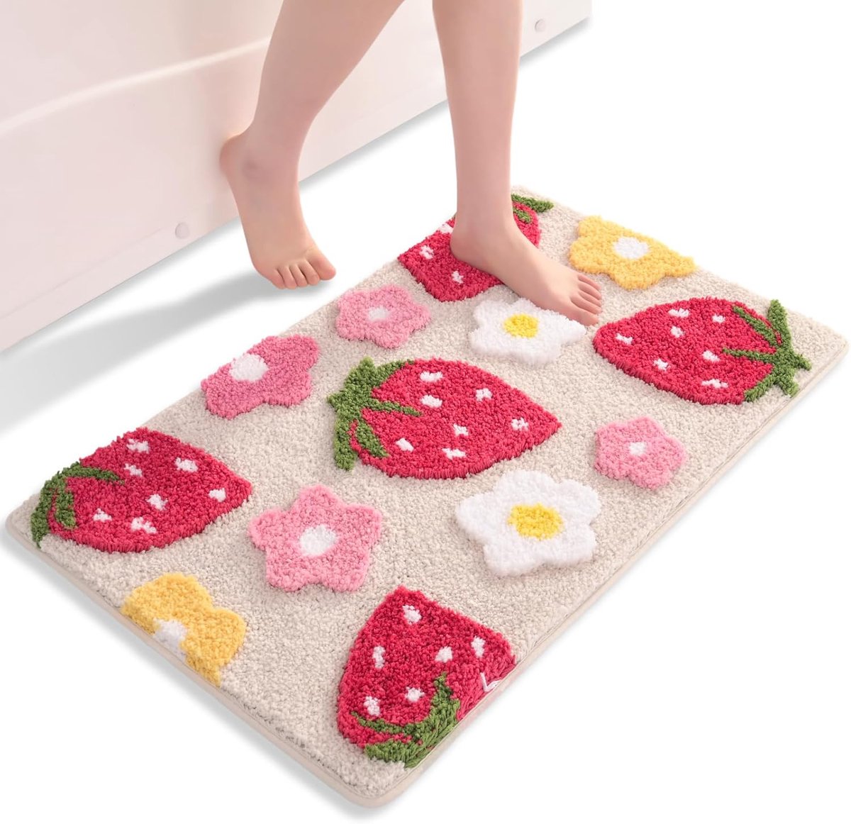 JGS ® Beige Badmat met Aardbeienontwerp, Zachte en Absorberende Microvezelmat voor de Badkamer