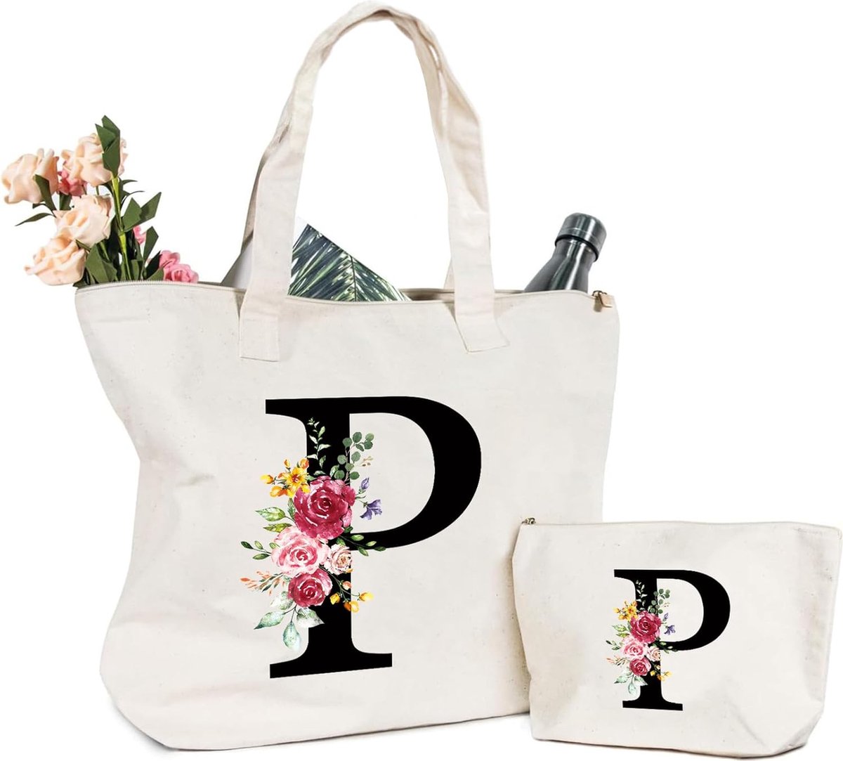 JGS ® Tijdloze Canvas Tas en Cosmetica Tasje met Initialen voor Elke Gelegenheid