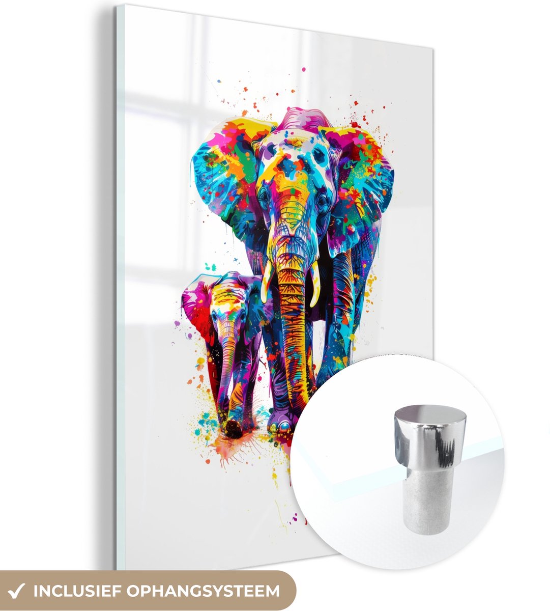 MuchoWow® Glasschilderij 30x40 cm - Schilderij acrylglas - Olifanten - Dieren - Verf - Kleurrijk - Foto op glas - Muurdecoratie woonkamer - Wanddecoratie slaapkamer - Schilderijen