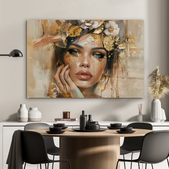 MuchoWow® Peinture sur verre 120x80 cm - Peinture sur verre acrylique - Femme - Fleurs - Or - Portrait - Photo sur verre - Décoration murale salon - Décoration murale chambre - Peintures