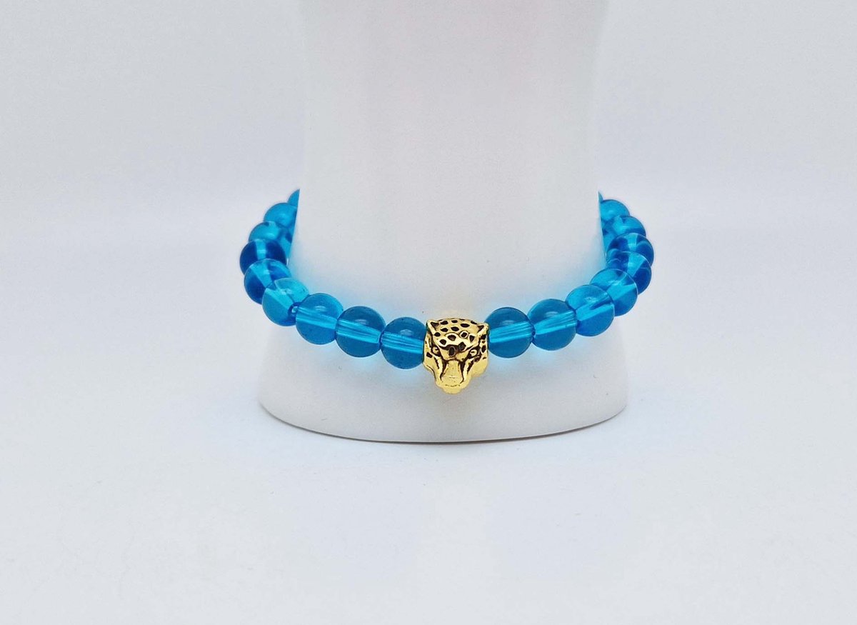 Handgemaakte natuursteen armband met Metalen vorm - Model 2 - "Blauwe kwarts" -8 mm diameter van de korrel- Diameter armband 20 cm - Een mooi cadeau voor familie en vrienden
