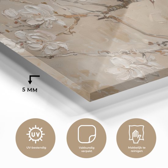 MuchoWow® Tableau sur verre 150x100 cm - Tableau sur verre acrylique - Fleurs - Moderne - Beige - Wit - Blossom - Photo sur verre - Décoration murale salon - Décoration murale chambre - Peintures