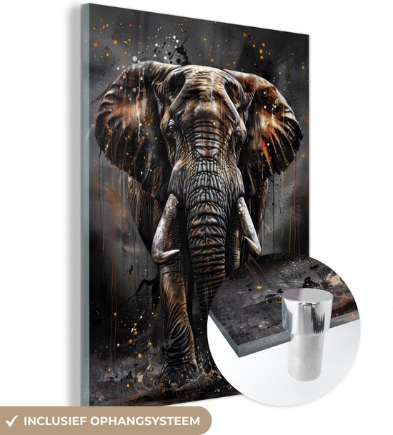 MuchoWow® Glasschilderij 60x80 cm - Schilderij acrylglas - Olifant - Watercolor - Wilde dieren - Luxe - Foto op glas - Muurdecoratie woonkamer - Wanddecoratie slaapkamer - Schilderijen
