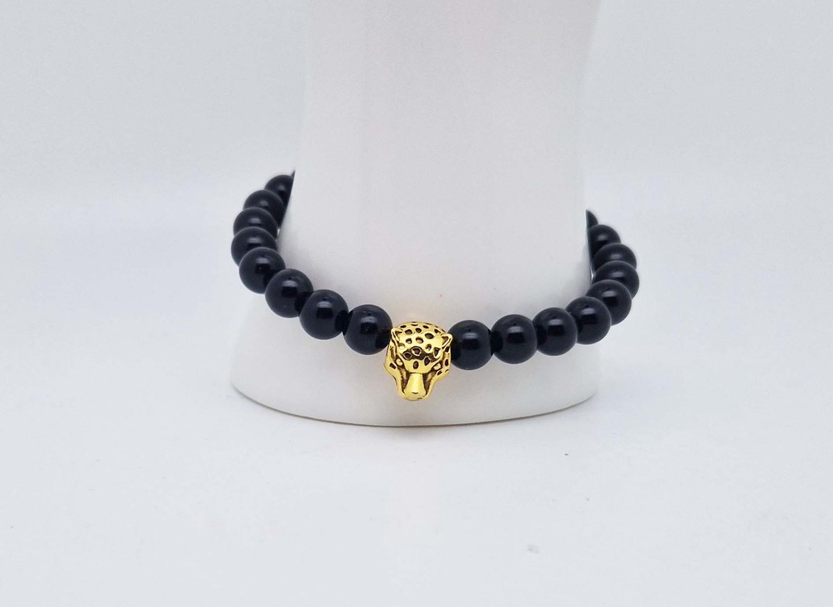 Handgemaakte natuursteen armband met Metalen vorm - Model 2 - "Obsidian" -8 mm diameter van de korrel- Diameter armband 20 cm - Een mooi cadeau voor familie en vrienden