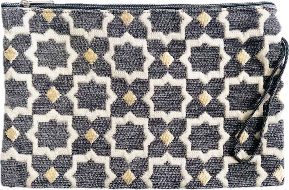 Luxe Handgemaakte Make-uptas met Zellig Motief - Marokkaanse Etui voor Reizen en Dagelijks Gebruik - Grijs