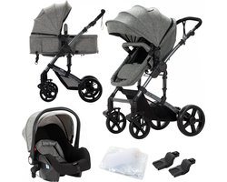 Luxe 3-in-1 Kinderwagen - Wandelwagen - Autostoeltje - Buggy - Reiswieg - Inklapbaar - 0-36 Maanden - Grijs