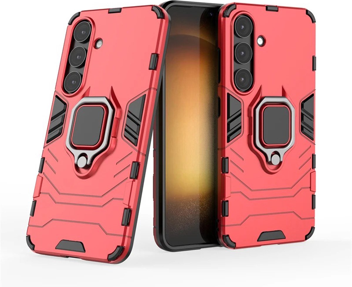 MobyDefend Hoesje - Geschikt voor Samsung Galaxy S25 Plus (S25+) - Dubbelgelaagde Pantsercase Met Standaard - Rood