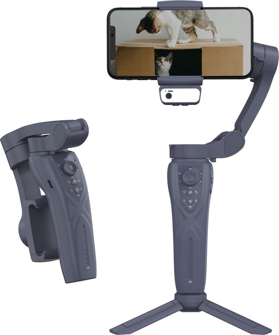 Wuff - Gimbal - Telefoon stabilisator - 3-assige Gimbal met lampje & AI-sensor – Stabilisatie en diverse assen – Gezichts- en objecttracking – Inclusief tripod - 1500 MAH - Batterijduur 5 uur - Gezichtsherkenning - Smartphone Stabilisator - Zwart
