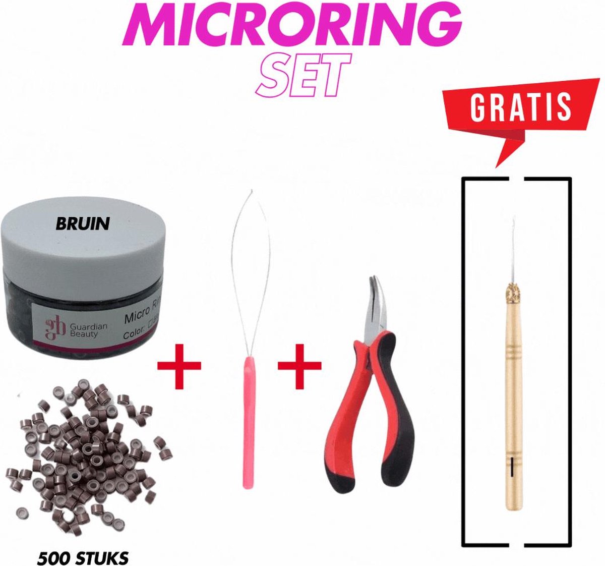 Guardian Beauty Micro Ring - met Siliconenset - 500 stuks - Bruin - Haar Extensions