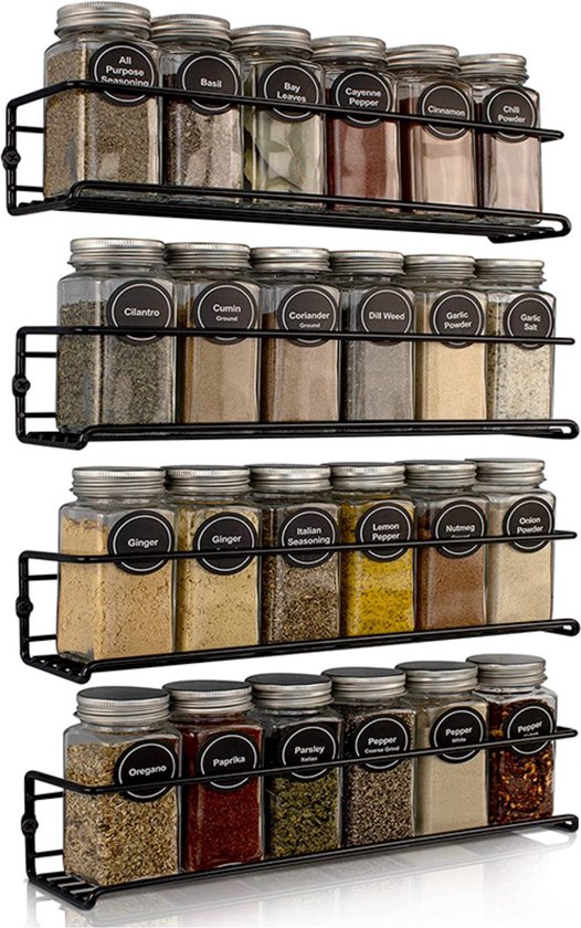 Mmoods Étagère à Épices Suspendue Sans Embouts - 4 Couches pour 24 Pots d'herbes aromatiques - Spécialement pour Mur, Armoire Murale, Porte de Placard - Organisateur d'Épices Suspendu Cuisine - Accessoires de Cuisine
