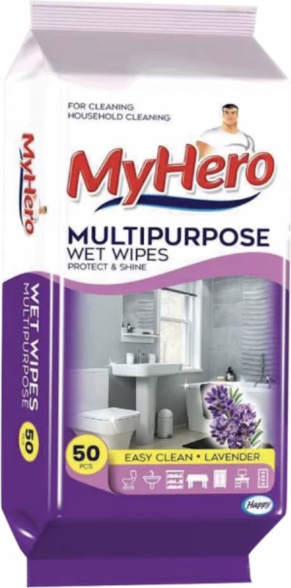 Pak MyHero Multiporpose Wet Wipes, 50 stuks, lavendel geur, met afbeelding van badkamerinterieur en reinigingssymbolen.