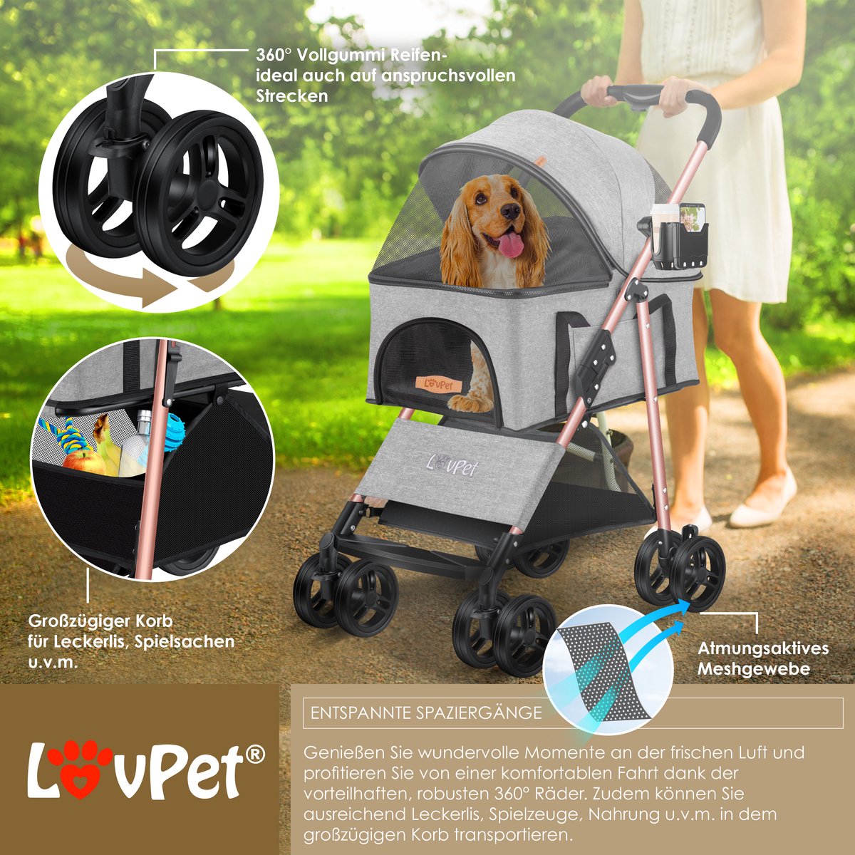 LOVPET® Hondenbuggy 2in1 Huisdieren Wandelwagen Buggy met Transporttas Opvouwbaar tot 20 kg Hondenwandelwagen met Gaasramen & Regenhoes Jogger Kattenbuggy voor Kleine Honden Katten Hondenbox - Lichtgrijs – foto 6