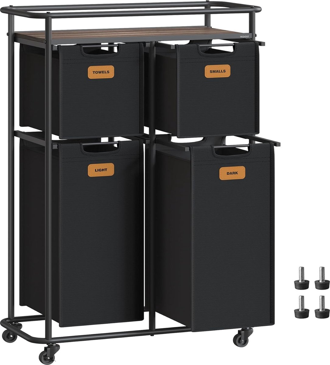 FurnStar - Wassorteerder - wasscheider met wielen - 150 liter - wasmanden - beweegbare waswagen met plank - 4 afneembare vakken - 6 etiketten - 72 x 33 x 109 cm - inktzwart-kastanjebruin