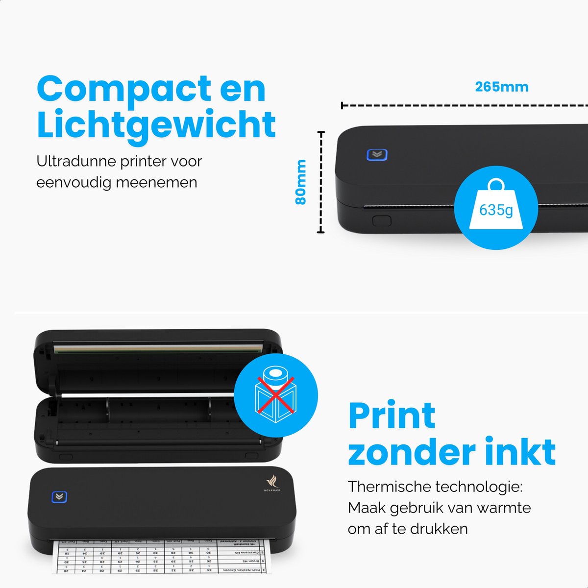 NovaWare® Thermische Printer A4 - Sticker Printer - Pocket Printer - Mini Printer voor Mobiel / Laptop / tablet - Verzendlabel - Barcode - Tattoo - Portable Printer - Shipping Label - Zwart — afbeelding 2