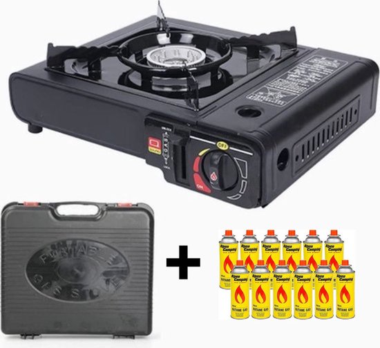 Unilight Camping kooktoestel – Kampeer kookstel  – Campingland -Portable GAS Stove  – Kookbrander – -Gasbranders- kookstel- Draagbaar Gasfornuis- INCLUSIEF 12x Gas Flessen  KOFFER