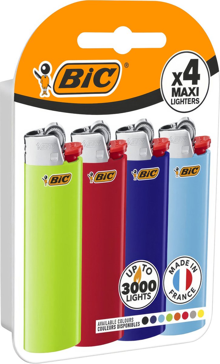 BIC Maxi J26 Vuursteen aansteker - Diverse kleuren - Eco blister - Pak van 4 gasaanstekers - kindveilig