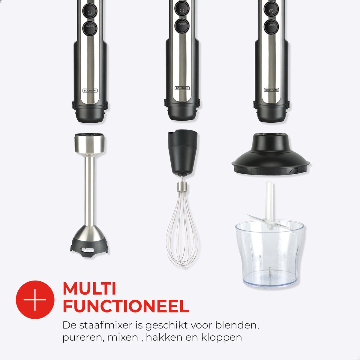 Bourgini Staafmixer - 4-delige Krachtige RVS Staafmixer set -20 snelheden - Garde - Hakmolen 600ml - Maatbeker 800ml - 1500W – foto 3