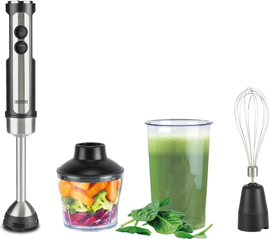 Bourgini Staafmixer - 4-delige Krachtige RVS Staafmixer set -20 snelheden - Garde - Hakmolen 600ml - Maatbeker 800ml - 1500W