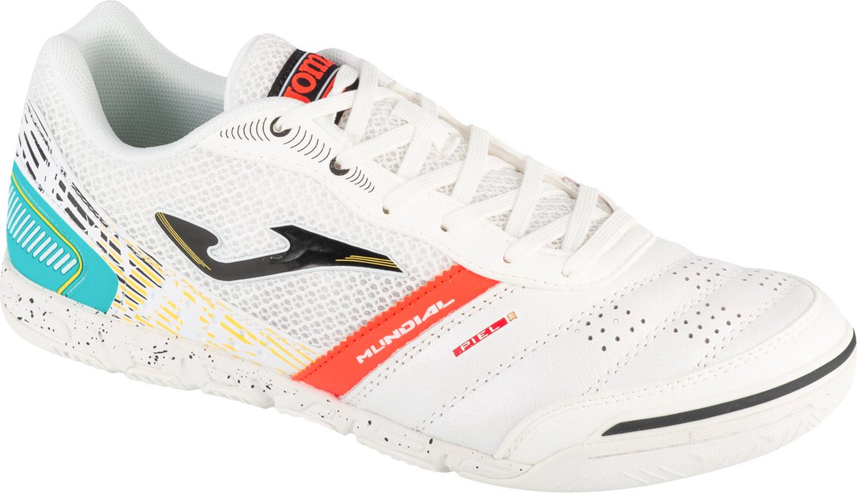 Joma Mundial 2502 IN, witte indoorschoenen voor mannen, maat 45, van grof leder met kleurrijke accenten.
