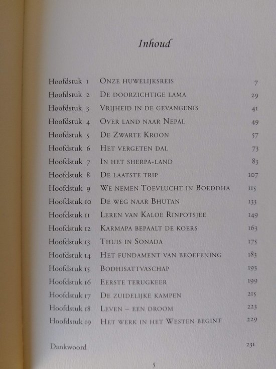 Inhoudsopgave met hoofdstukken en paginanummers.