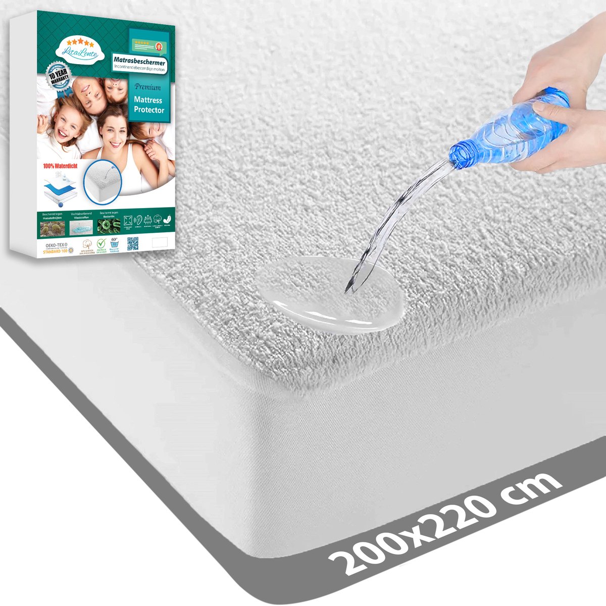 Waterdichte Matrasbeschermer 200x220 - LitaLente - katoenen Matrasbeschermers - Matrasbeschermer 200x220 - Hoeslakenbadstof Matrasbeschermhoezen - Antibacteriëel - Rondom Elastiek - Wit - Incontinentie Matrasbeschermer