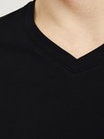 Close-up van de V-hals van een zwart T-shirt.