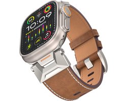Stravo Echt leren horlogebandje in Mecha-stijl - Geschikt voor Apple Watch 46mm (Series 11/10), 45mm (Series 9/8/7), 44mm (Series 6/5/4, SE 3/2/1), 49mm (Ultra 3/2/1) - Futuristisch Ontwerp Leather - bandje Leer - Bruin