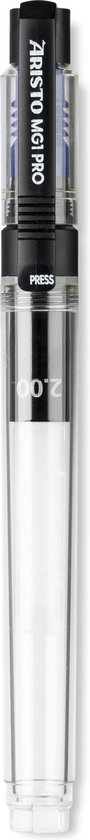 Zwarte en blauwe dop met 'Aristo MG1 PRO' opdruk, doorzichtige pen met 'PRESS' en 2.0 mm.