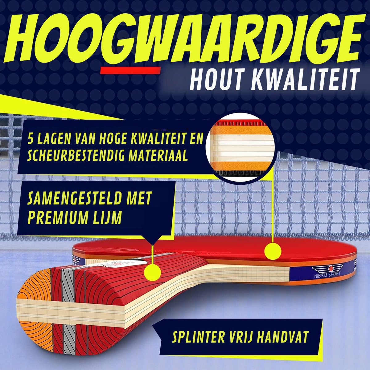 Nibiru Sport Tafeltennis Set met 2 Houten Batjes, 4 Pingpongballen en 1 Tafeltennis Net - Inclusief Opbergtas - Ping Pong Set voor Binnen en Buiten - Draagbare Pingpong Set - 3 Sterren Ballen - Tafeltennisnet Uitschuifbaar — afbeelding 8