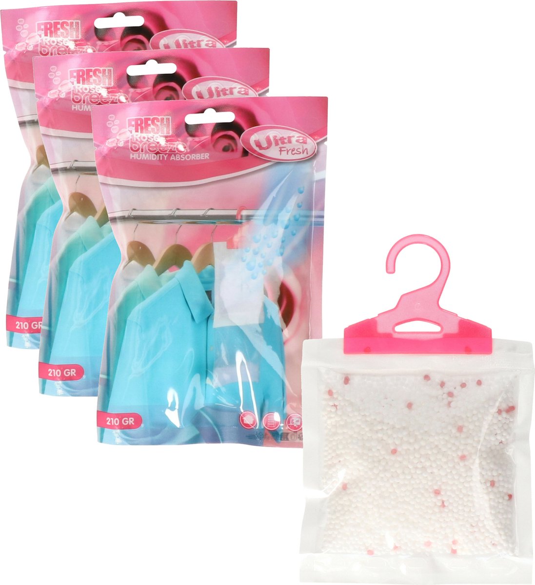Ultra Fresh Vochtopnemer met geur - 9x - roos - vochtonttrekker - tegen schimmel en geur - 210 gram