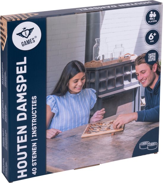 Doos van houten damspel 'Houten Damspel' met afbeelding van een lachend stel dat dammen speelt, plus informatie over het spel.