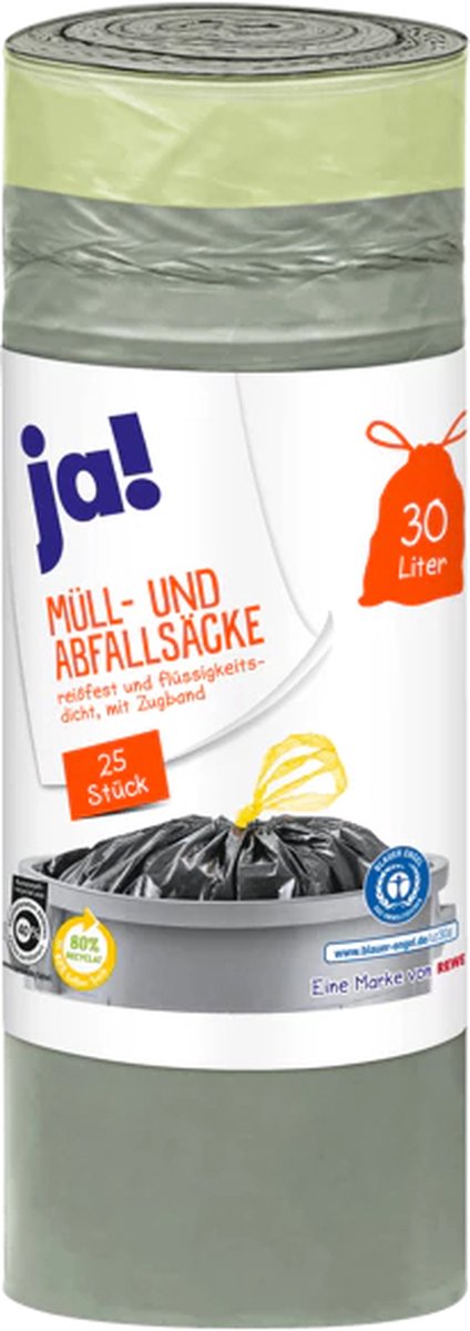 Goedkoopste Ja! | 25 vuilniszakken 30 liter met trekband | huisvuilzakken | scheur en lek vast | grijs