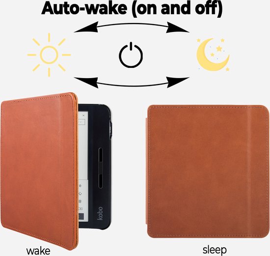 Lunso Geschikt voor Kobo Libra H20 hoes (7 inch) - Leren sleepcover - Cognac van Lunso — afbeelding 5