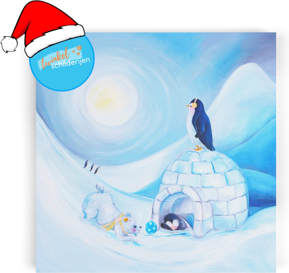Wanddecoratie kinderkamer kerst - Een winterslaapje in de sneeuw 30x30cm - Muurdecoratie sneeuwpop en pinguïns op canvas - Twinkelschilderijen | Incl. GRATIS ophangsysteem |