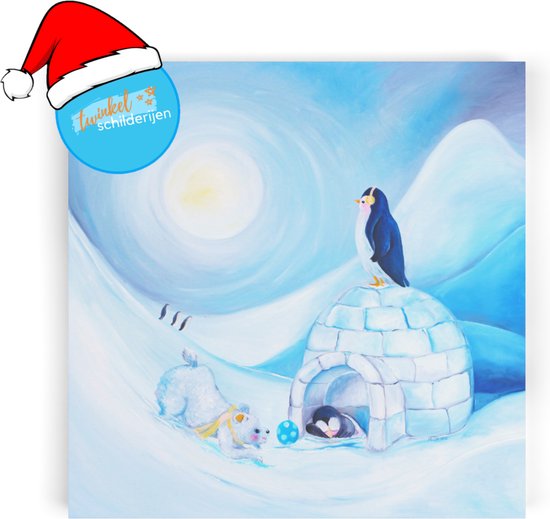 Wanddecoratie kinderkamer kerst - Een winterslaapje in de sneeuw 30x30cm - Muurdecoratie sneeuwpop en pinguïns op canvas - Twinkelschilderijen | Incl. GRATIS ophangsysteem |