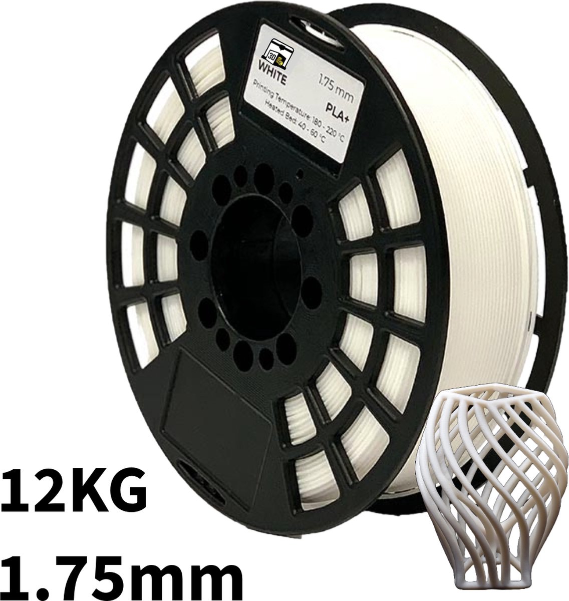 Wit PLA+ 12kg 3D Printer Filament 1.75 mm - Hoge Kwaliteit en Duurzaam - Compatibel met Creality, Bambu Lab, Esun en Andere 3D Printers - Voor 3D Printen van Prototypes, Modellen, Accessoires - voor Professioneel en Thuisgebruik