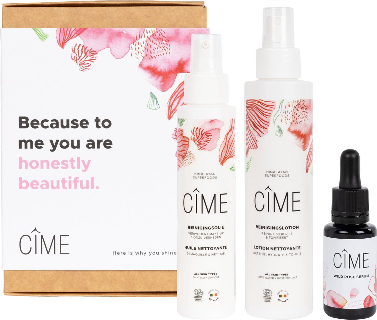 Goedkoopste Giftbox Radiant Skin Trio - Cîme - Limited edition - Reinigingsolie - Reinigingslotion - Wilde rozen serum - Een cadeau met impact