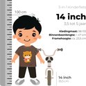Illustration d'un garçon à côté d'un vélo enfant Deryan de 14 pouces mesurant 100 cm de haut, avec dimensions pour taille de vêtement et longueur d'entrejambe.