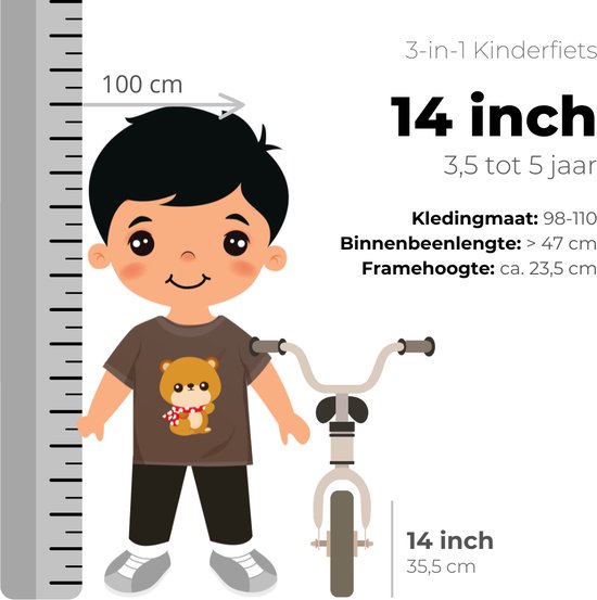 Illustration d'un garçon à côté d'un vélo enfant Deryan de 14 pouces mesurant 100 cm de haut, avec dimensions pour taille de vêtement et longueur d'entrejambe.
