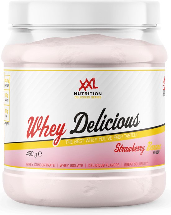 XXL Nutrition - Whey Delicious - 80% Eiwit - Aardbei Banaan - Wei Eiwitpoeder met BCAA & Glutamine, Proteine Poeder, Eiwit shake, Whey Protein - Diverse Smaken - 450 gram (15 shakes)