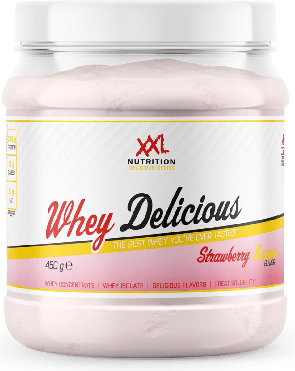 Goedkoopste XXL Nutrition - Whey Delicious - 80 Eiwit - Aardbei Banaan - Wei Eiwitpoeder met BCAA & Glutamine, Proteine Poeder, Eiwit shake, Whey Protein - Diverse Smaken - 450 gram (15 shakes