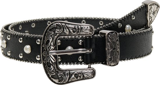 Zwarte riem van kunstleer met zilverkleurige gesp en decoratieve parels en studs.