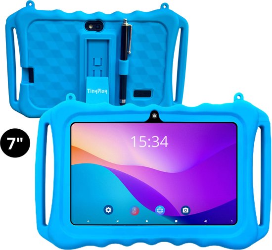 TinyPlay kindertablet Mini - 7 inch - Android 13 - Quad-core processor - 32GB - 3GB RAM - 3000 mAh batterij - Ouderlijk toezicht - kindertablet vanaf 3 jaar - tablet kinderen - verstelbare beschermhoes - Blauw