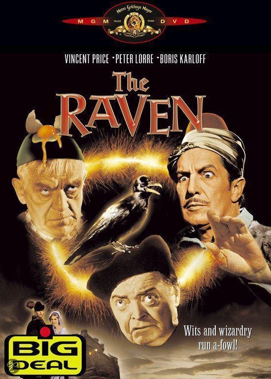 De DVD-hoes van The Raven toont drie mannen en een raaf, met de tekst 'Wits and wizardry run a-fowl!'