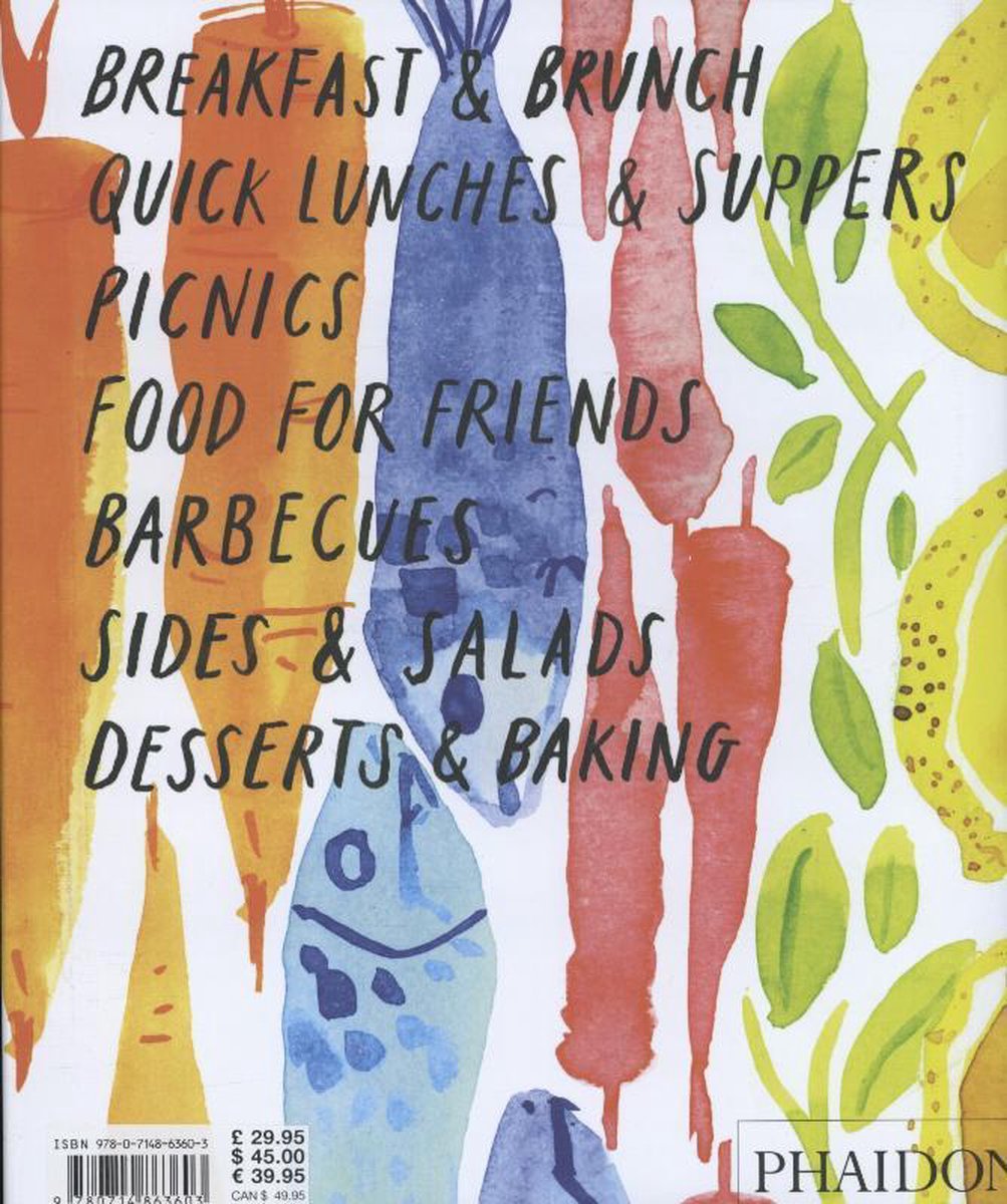 Boek met titel 'Breakfast & Brunch Quick Lunches & Suppers Picnics Food for Friends Barbecues Sides & Salads Desserts & Baking'. Pastelkleurige aquarel van vis en groenten.