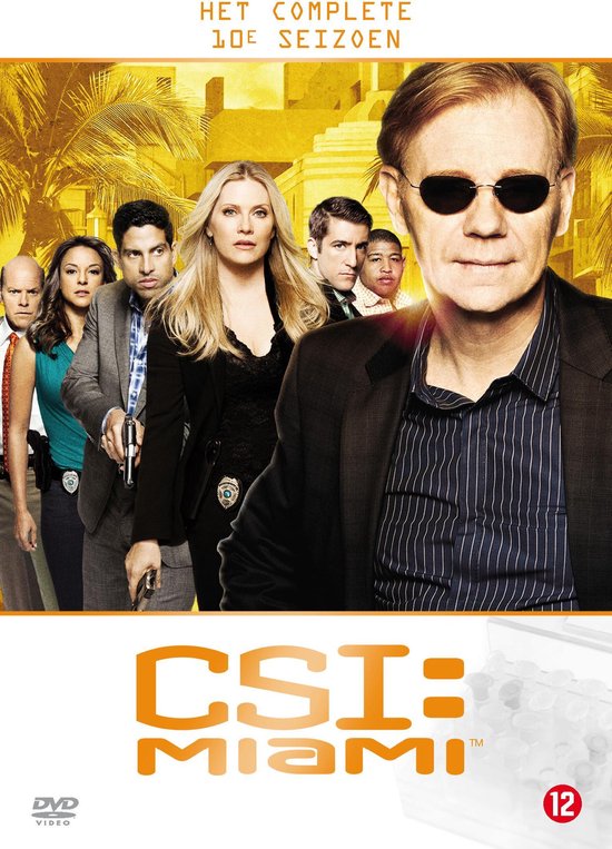 DVD-hoes CSI: Miami seizoen 10 met castfoto op de voorkant. Met de tekst 'HET COMPLETE 10E SEIZOEN'.