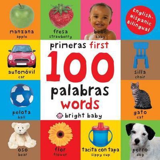 Kleurrijke tegels met afbeeldingen van een appel, aardbei, baby, rode auto, blauwe bal, stoel, kat, beer, bloem, tuitbeker, hond en de titel 'primeras first 100 palabras words'.