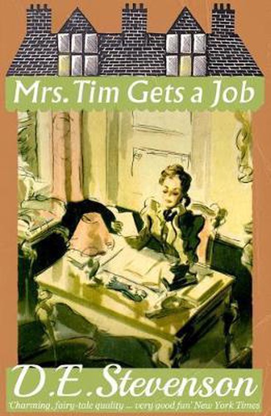 Boekomslag voor 'Mrs. Tim Gets a Job' met een illustratie van een vrouw aan een bureau.